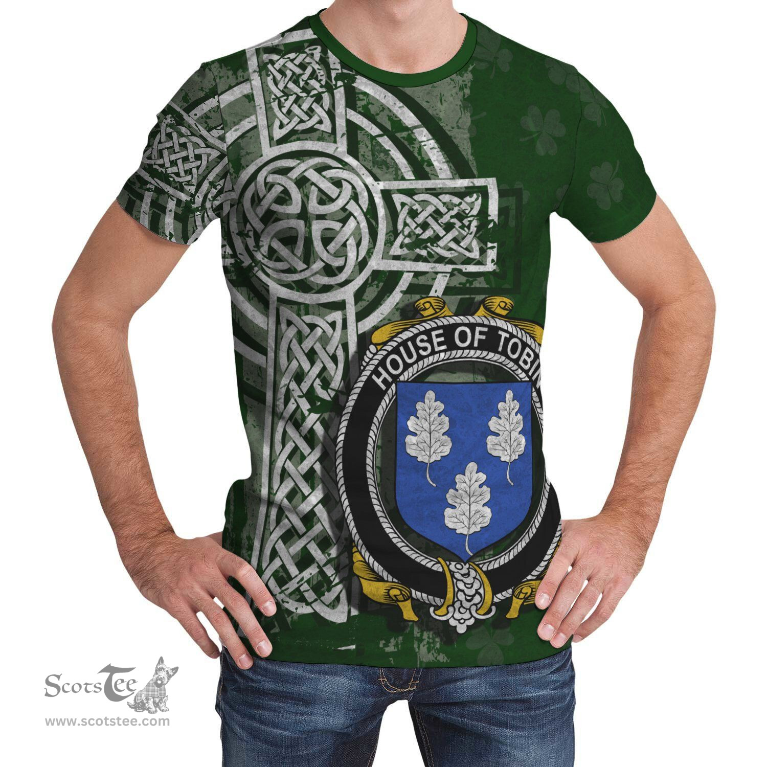 ScotsTee Shop Irish Tobin Coat of Arms Irish Family Crest T Shirt Irish Shamrock Celtic Cross Green T Shirt