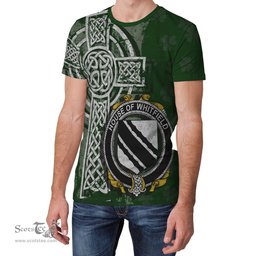 ScotsTee Shop Irish Whitfield Coat of Arms Irish Family Crest T Shirt Irish Shamrock Celtic Cross Green T Shirt