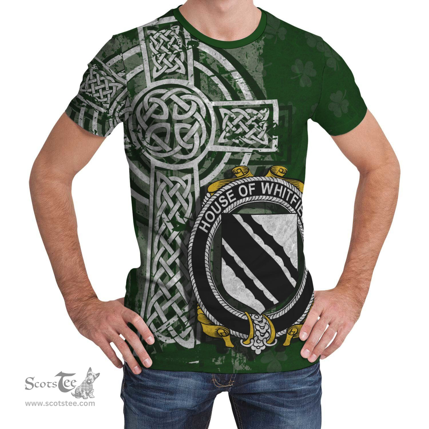 ScotsTee Shop Irish Whitfield Coat of Arms Irish Family Crest T Shirt Irish Shamrock Celtic Cross Green T Shirt