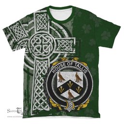 ScotsTee Shop Irish Tallis Coat of Arms Irish Family Crest T Shirt Irish Shamrock Celtic Cross Green T Shirt