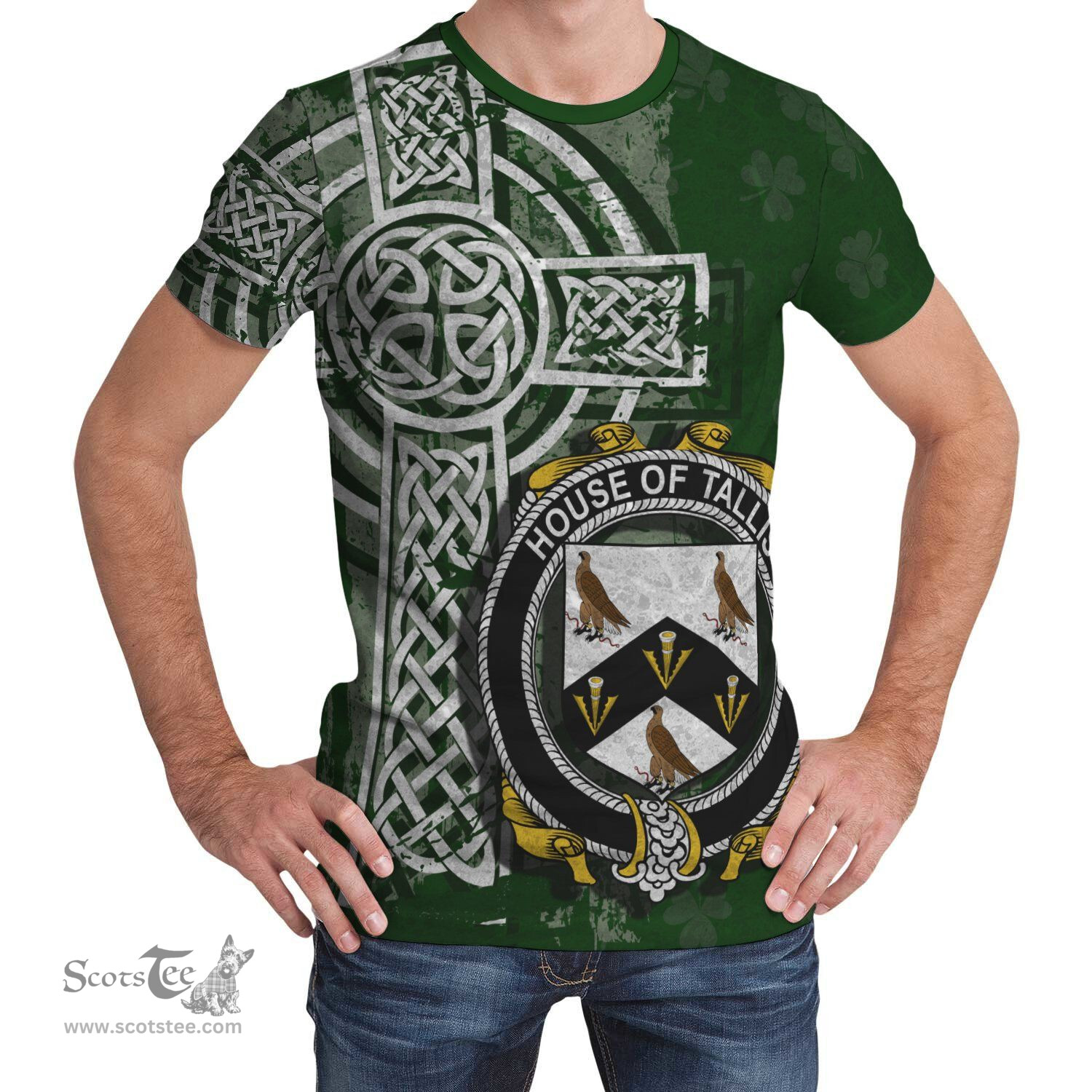 ScotsTee Shop Irish Tallis Coat of Arms Irish Family Crest T Shirt Irish Shamrock Celtic Cross Green T Shirt