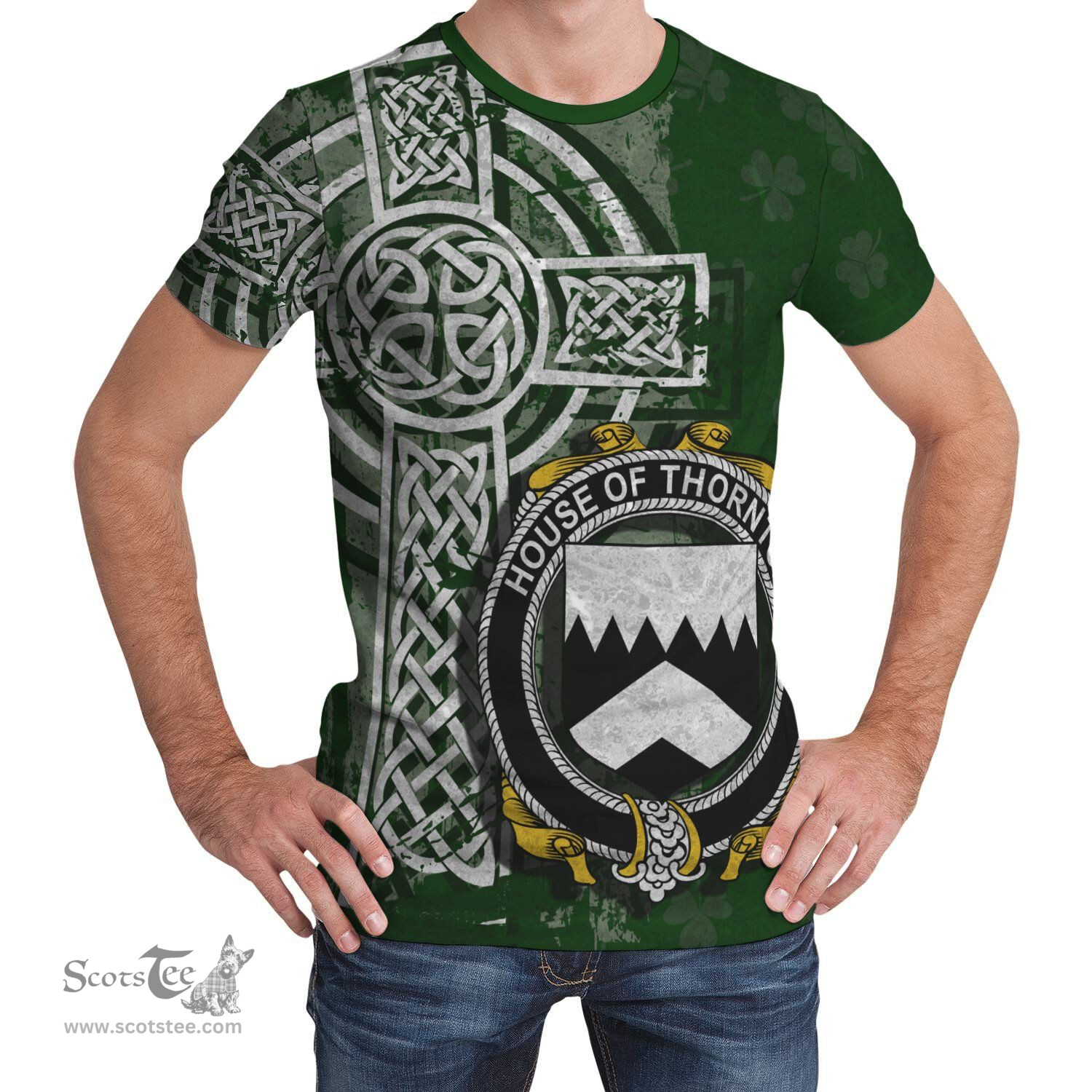 ScotsTee Shop Irish Thornton Coat of Arms Irish Family Crest T Shirt Irish Shamrock Celtic Cross Green T Shirt