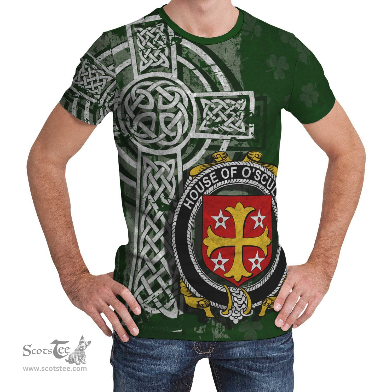 ScotsTee Shop Irish Scully or O'Scully Coat of Arms Irish Family Crest T Shirt Irish Shamrock Celtic Cross Green T Shirt