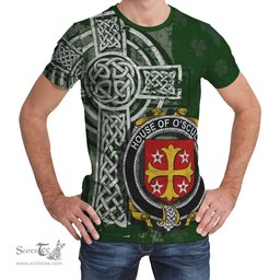 ScotsTee Shop Irish Scully or O'Scully Coat of Arms Irish Family Crest T Shirt Irish Shamrock Celtic Cross Green T Shirt