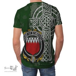 ScotsTee Shop Irish St.Michell Coat of Arms Irish Family Crest T Shirt Irish Shamrock Celtic Cross Green T Shirt