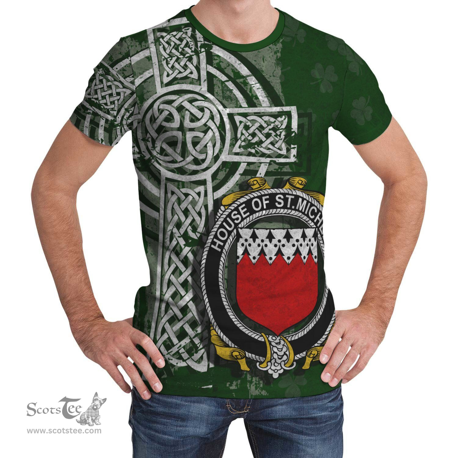 ScotsTee Shop Irish St.Michell Coat of Arms Irish Family Crest T Shirt Irish Shamrock Celtic Cross Green T Shirt