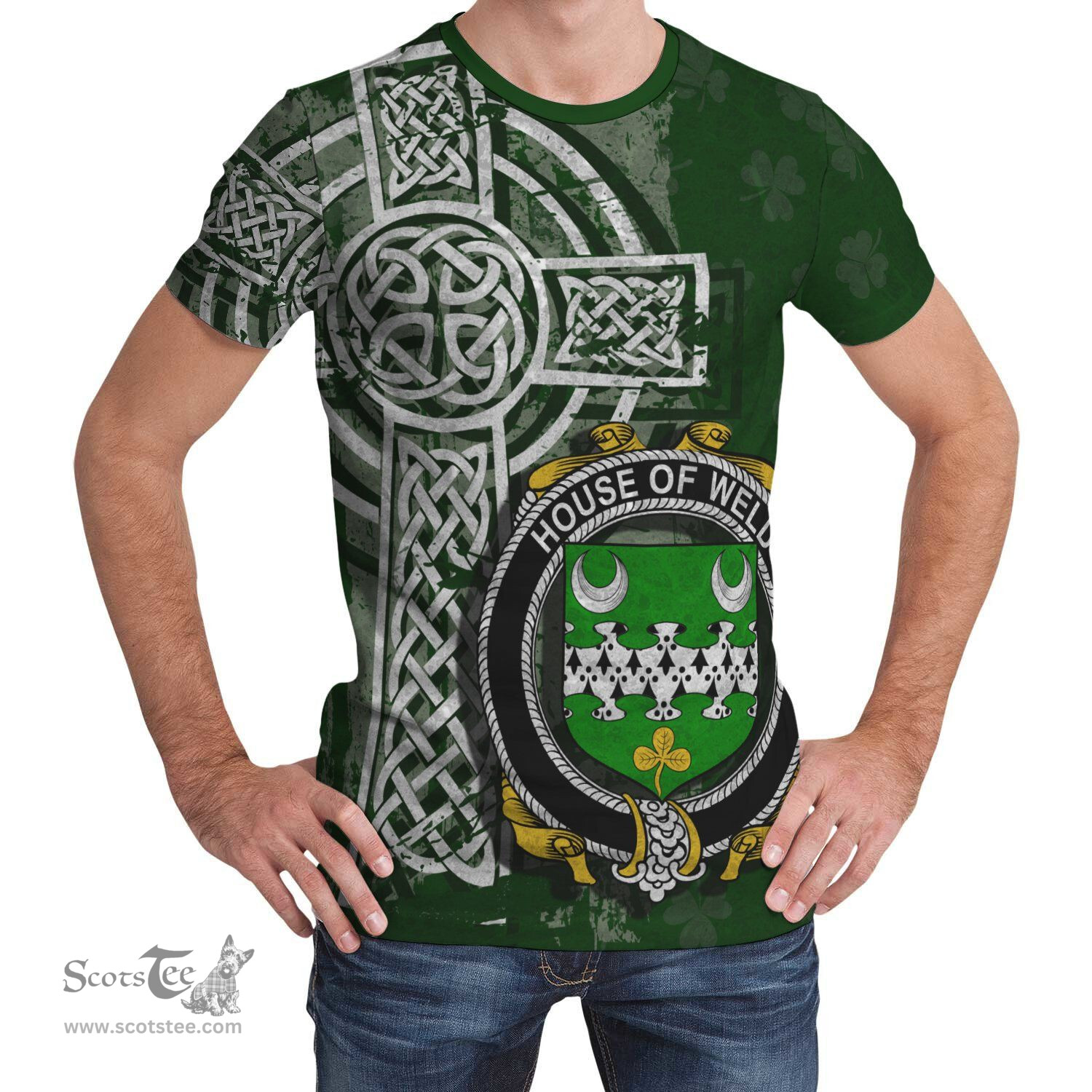 ScotsTee Shop Irish Weld Coat of Arms Irish Family Crest T Shirt Irish Shamrock Celtic Cross Green T Shirt