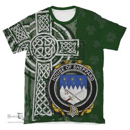 ScotsTee Shop Irish Sheppard Coat of Arms Irish Family Crest T Shirt Irish Shamrock Celtic Cross Green T Shirt