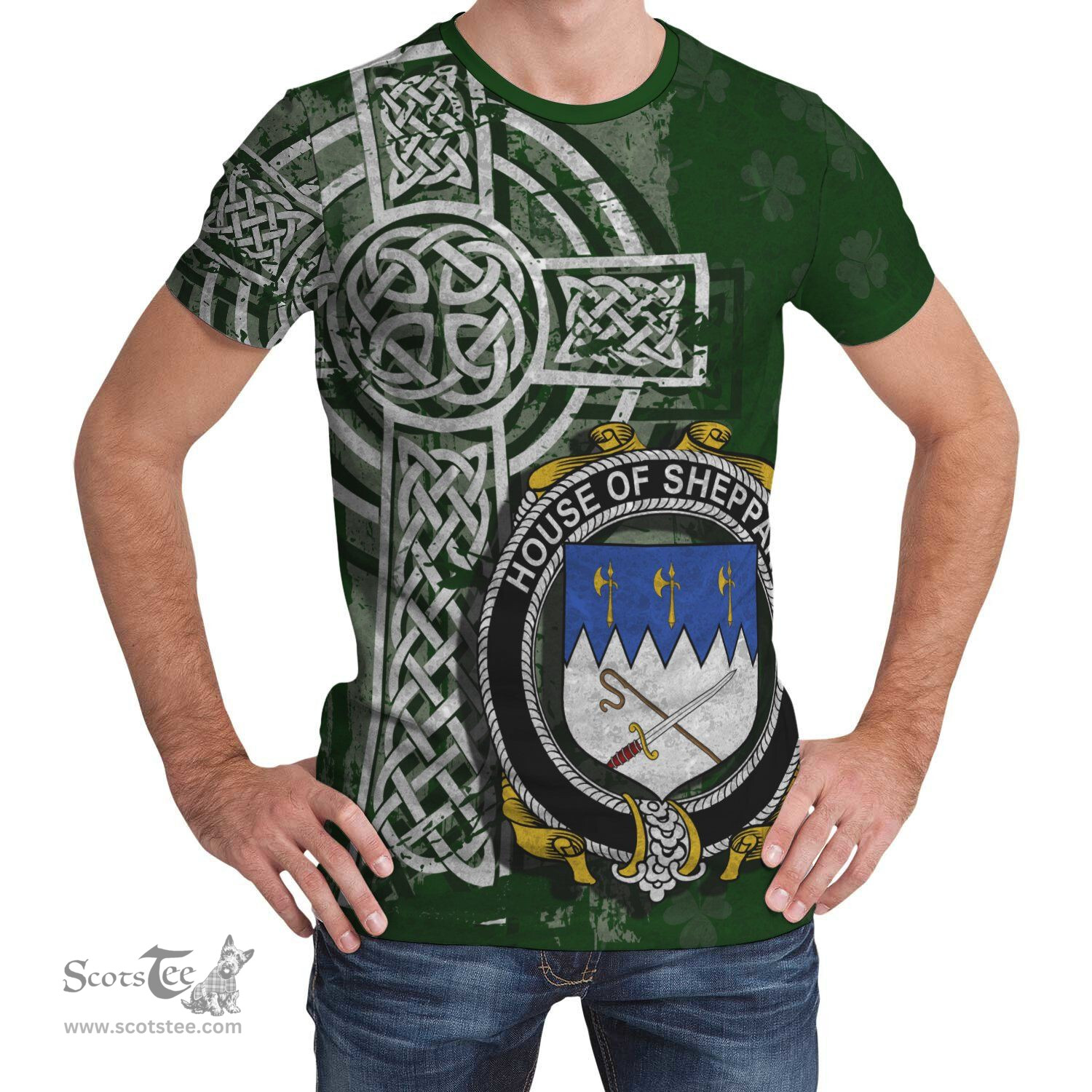 ScotsTee Shop Irish Sheppard Coat of Arms Irish Family Crest T Shirt Irish Shamrock Celtic Cross Green T Shirt