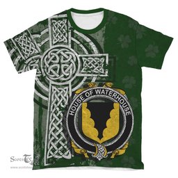 ScotsTee Shop Irish Waterhouse Coat of Arms Irish Family Crest T Shirt Irish Shamrock Celtic Cross Green T Shirt