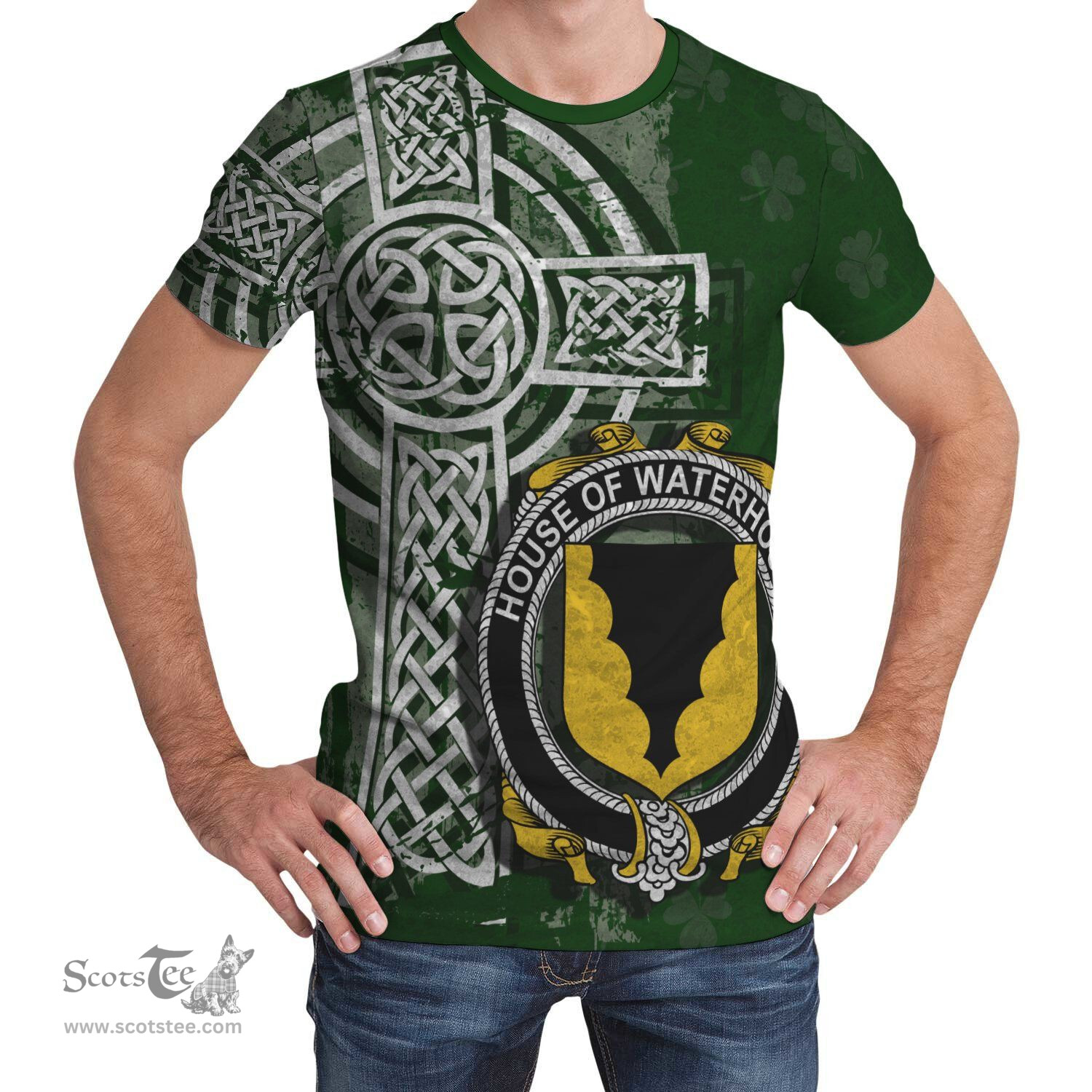 ScotsTee Shop Irish Waterhouse Coat of Arms Irish Family Crest T Shirt Irish Shamrock Celtic Cross Green T Shirt