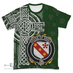 ScotsTee Shop Irish Vance Coat of Arms Irish Family Crest T Shirt Irish Shamrock Celtic Cross Green T Shirt
