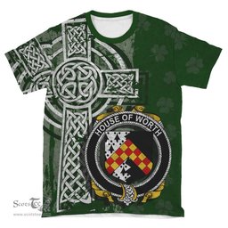 ScotsTee Shop Irish Worth or McWorth Coat of Arms Irish Family Crest T Shirt Irish Shamrock Celtic Cross Green T Shirt