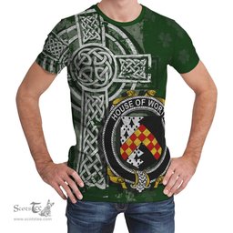 ScotsTee Shop Irish Worth or McWorth Coat of Arms Irish Family Crest T Shirt Irish Shamrock Celtic Cross Green T Shirt