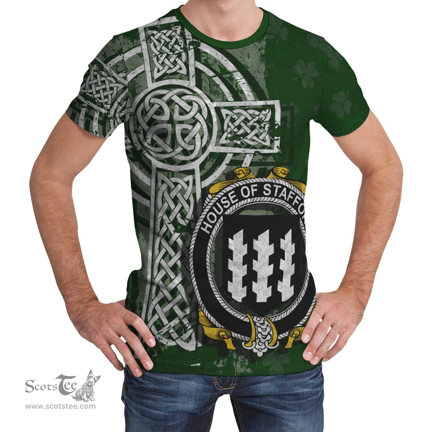 ScotsTee Shop Irish Stafford Coat of Arms Irish Family Crest T Shirt Irish Shamrock Celtic Cross Green T Shirt