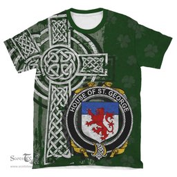 ScotsTee Shop Irish St. George Coat of Arms Irish Family Crest T Shirt Irish Shamrock Celtic Cross Green T Shirt