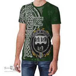 ScotsTee Shop Irish Yeates Coat of Arms Irish Family Crest T Shirt Irish Shamrock Celtic Cross Green T Shirt