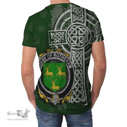 ScotsTee Shop Irish Rotheram Coat of Arms Irish Family Crest T Shirt Irish Shamrock Celtic Cross Green T Shirt