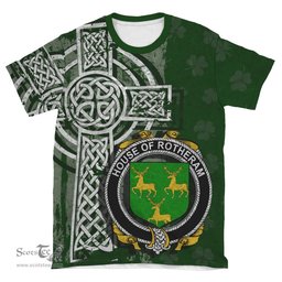 ScotsTee Shop Irish Rotheram Coat of Arms Irish Family Crest T Shirt Irish Shamrock Celtic Cross Green T Shirt