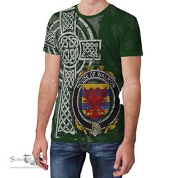 ScotsTee Shop Irish Walron Coat of Arms Irish Family Crest T Shirt Irish Shamrock Celtic Cross Green T Shirt