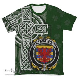 ScotsTee Shop Irish Walron Coat of Arms Irish Family Crest T Shirt Irish Shamrock Celtic Cross Green T Shirt