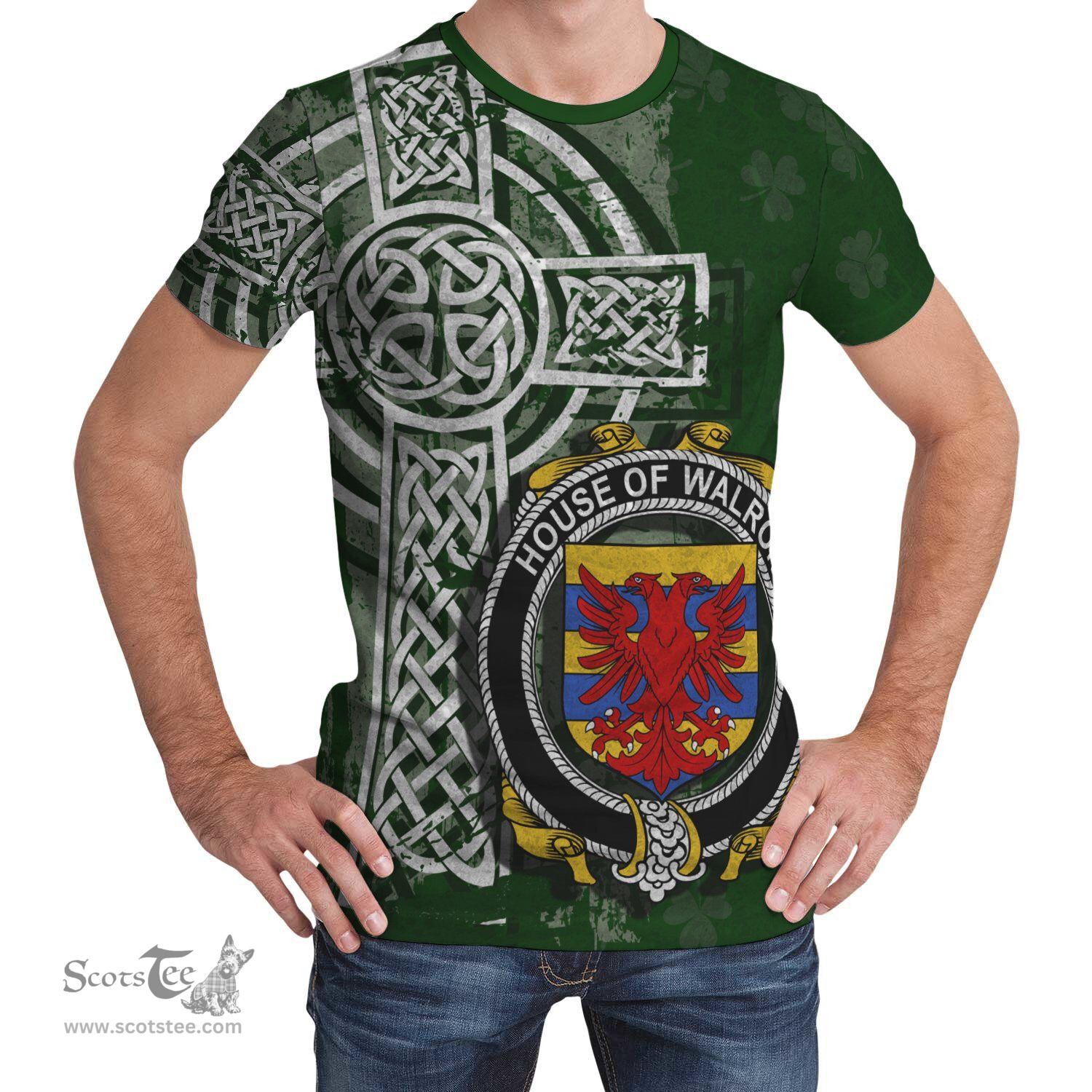 ScotsTee Shop Irish Walron Coat of Arms Irish Family Crest T Shirt Irish Shamrock Celtic Cross Green T Shirt