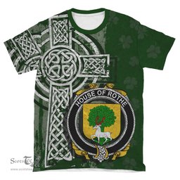 ScotsTee Shop Irish Rothe Coat of Arms Irish Family Crest T Shirt Irish Shamrock Celtic Cross Green T Shirt