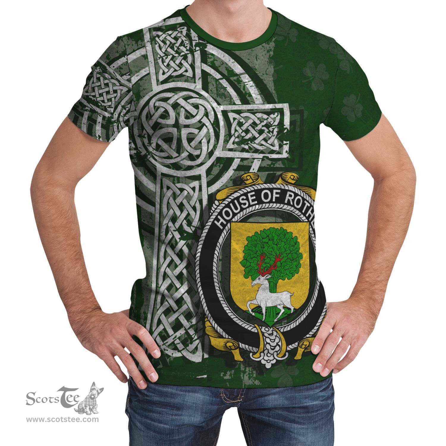 ScotsTee Shop Irish Rothe Coat of Arms Irish Family Crest T Shirt Irish Shamrock Celtic Cross Green T Shirt