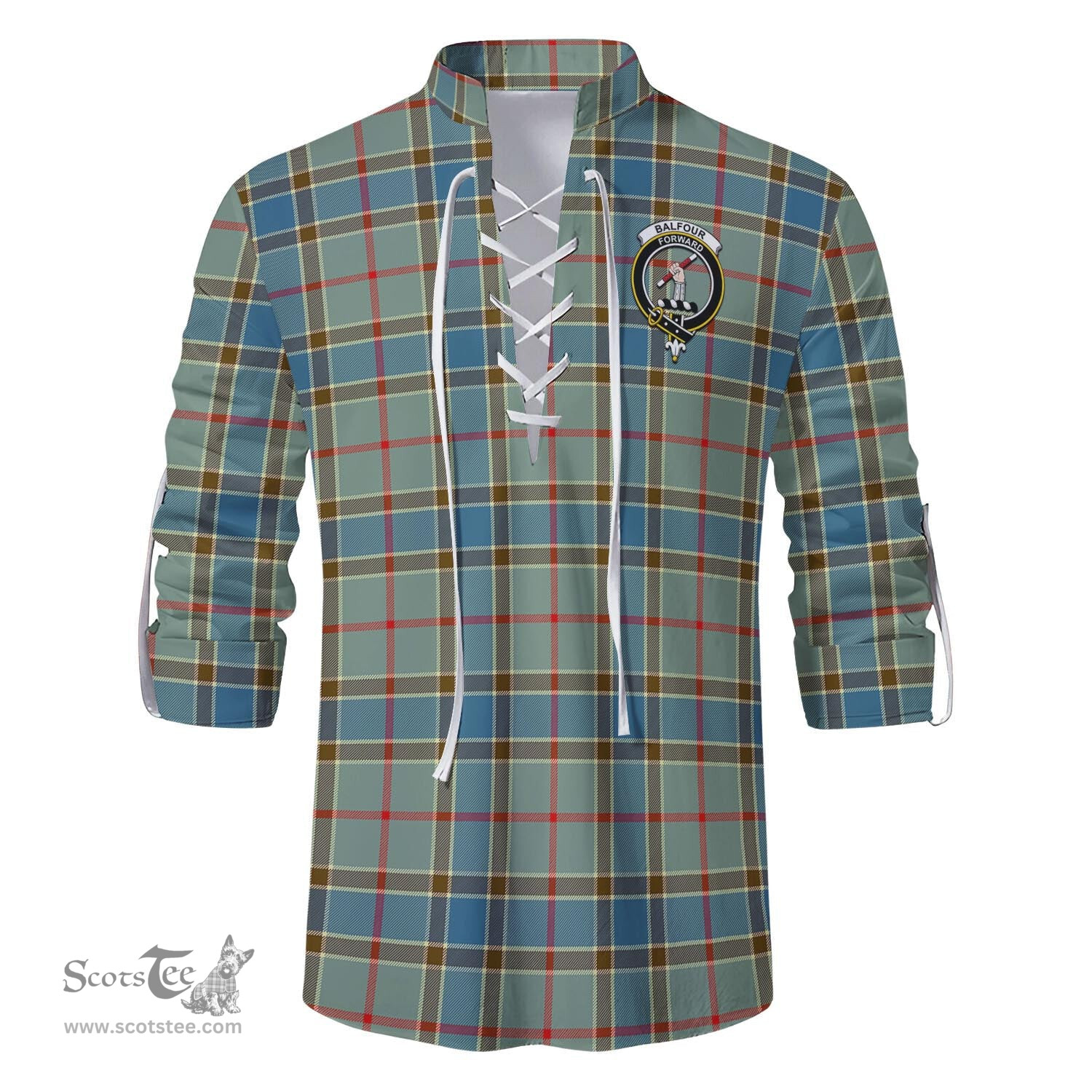 ScotsTee Shop Scottish Balfour Blue Clan Crest Tartan Mens Scottish Jacobite Ghillie Casual Shirt