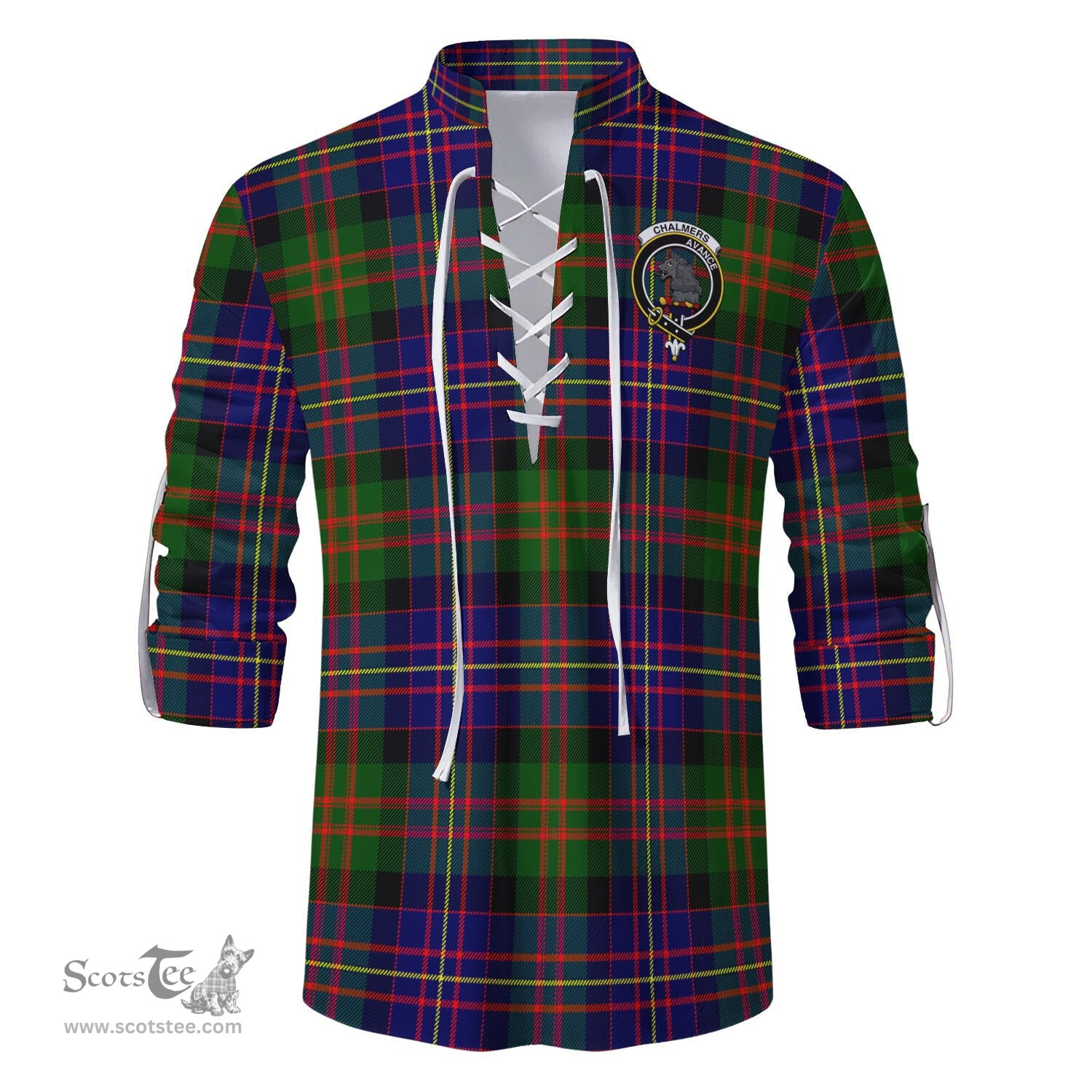 ScotsTee Shop Scottish Chalmers Modern Clan Crest Tartan Mens Scottish Jacobite Ghillie Casual Shirt