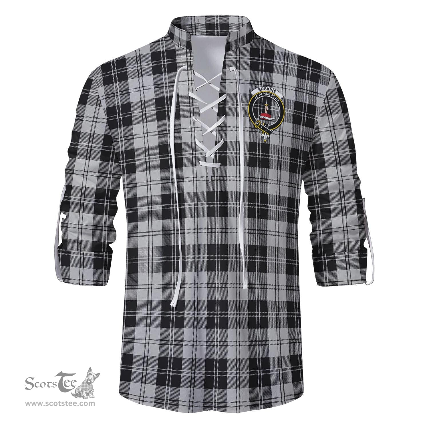 ScotsTee Shop Scottish Erskine Black and White Clan Crest Tartan Mens Scottish Jacobite Ghillie Casual Shirt