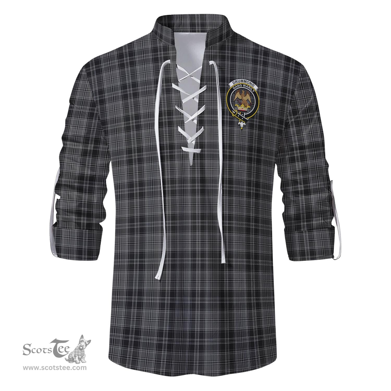 ScotsTee Shop Scottish Drummond Grey Clan Crest Tartan Mens Scottish Jacobite Ghillie Casual Shirt