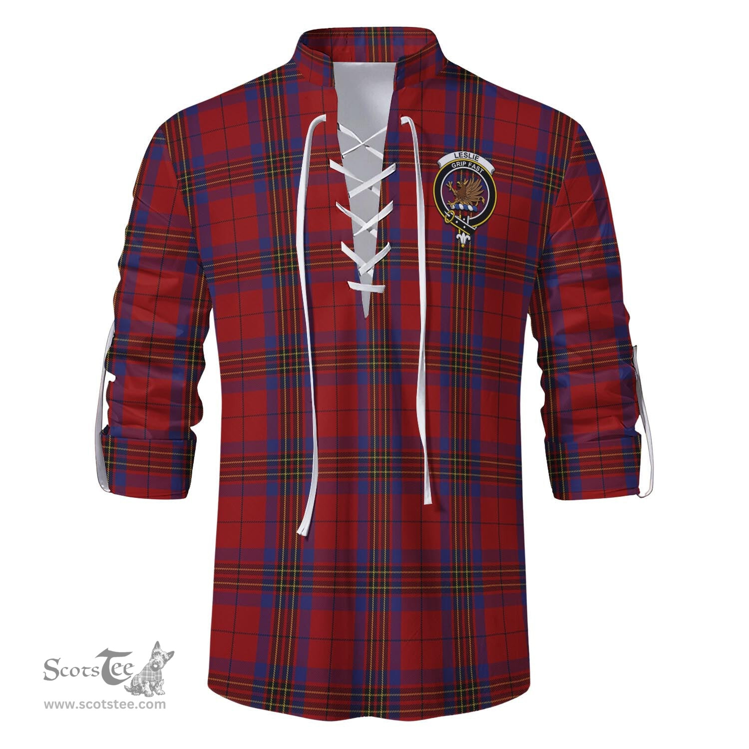ScotsTee Shop Scottish Leslie Red Clan Crest Tartan Mens Scottish Jacobite Ghillie Casual Shirt