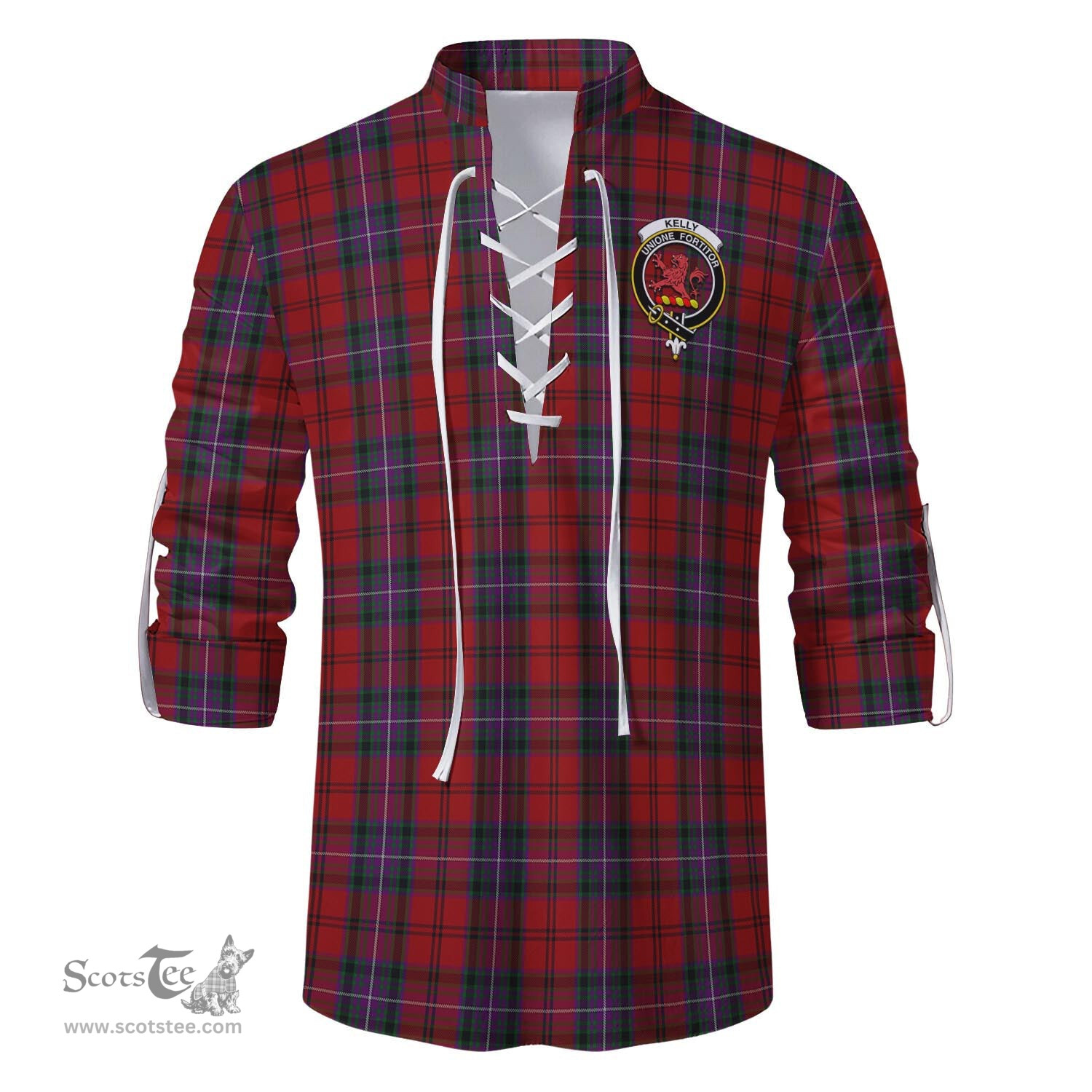 ScotsTee Shop Scottish Kelly of Sleat Red Clan Crest Tartan Mens Scottish Jacobite Ghillie Casual Shirt