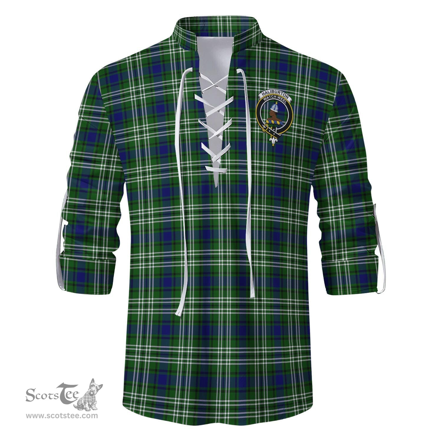 ScotsTee Shop Scottish Haliburton Clan Crest Tartan Mens Scottish Jacobite Ghillie Casual Shirt