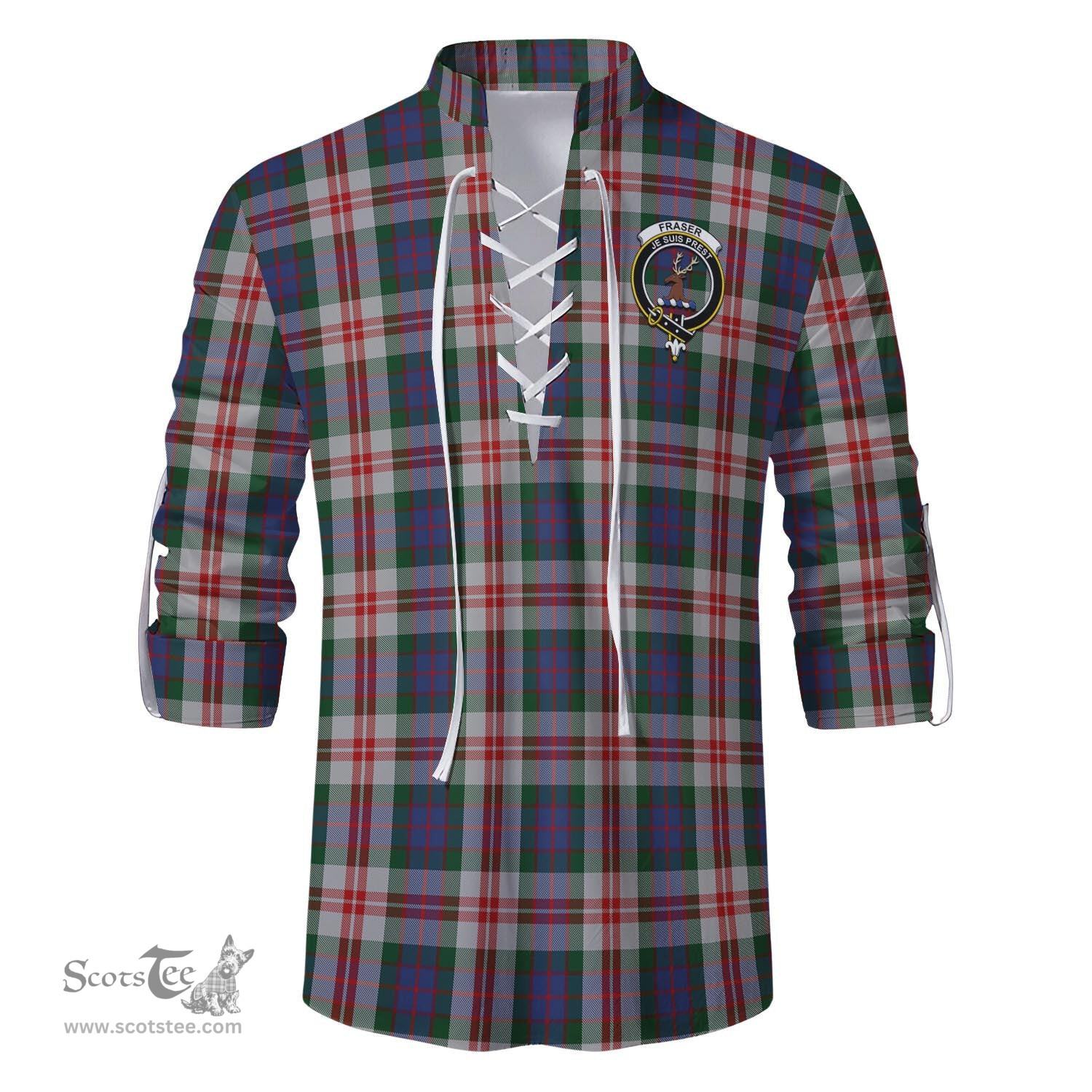 ScotsTee Shop Scottish Fraser Red Dress Clan Crest Tartan Mens Scottish Jacobite Ghillie Casual Shirt