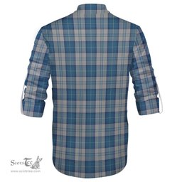 ScotsTee Shop Scottish Menzies Dress Blue and White Clan Crest Tartan Mens Scottish Jacobite Ghillie Casual Shirt