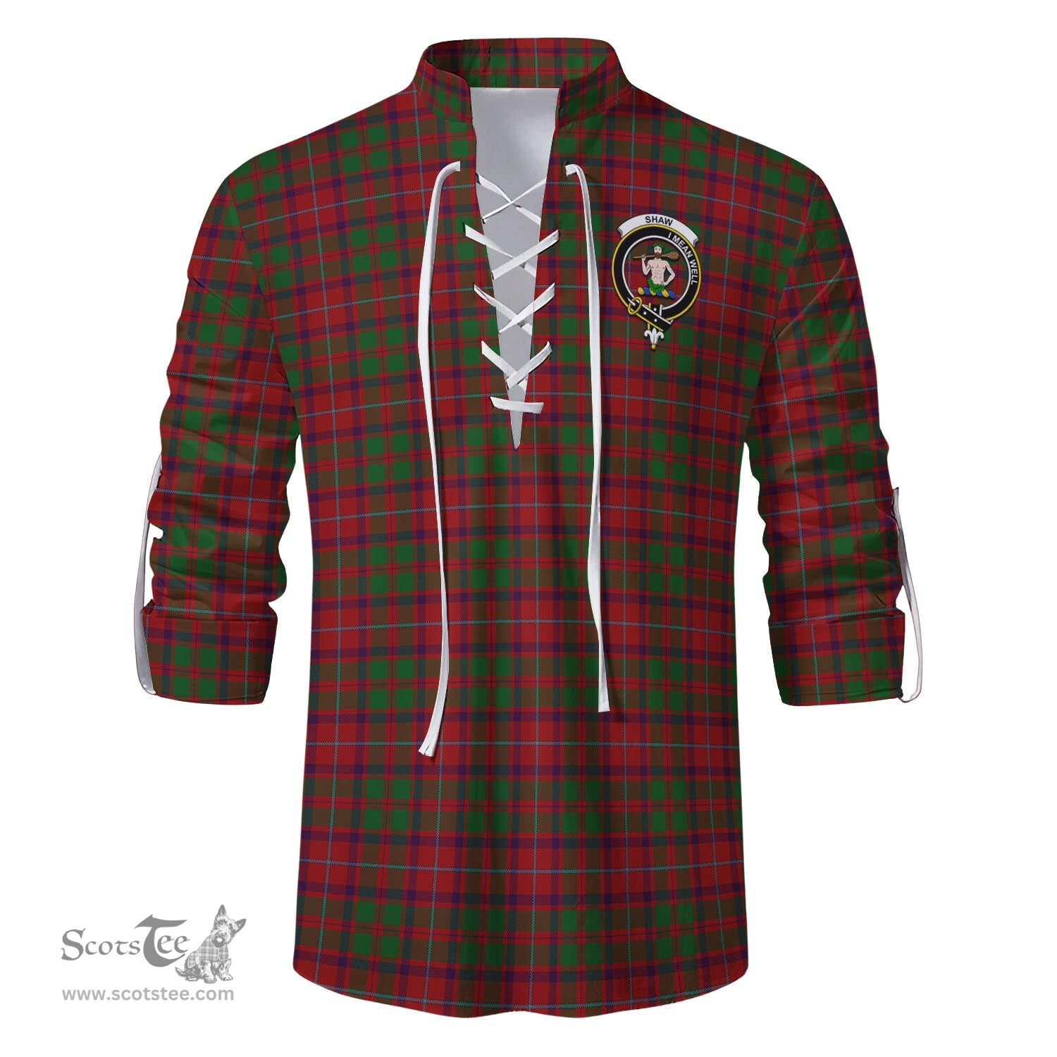ScotsTee Shop Scottish Shaw of Tordarroch Red Dress Clan Crest Tartan Mens Scottish Jacobite Ghillie Casual Shirt