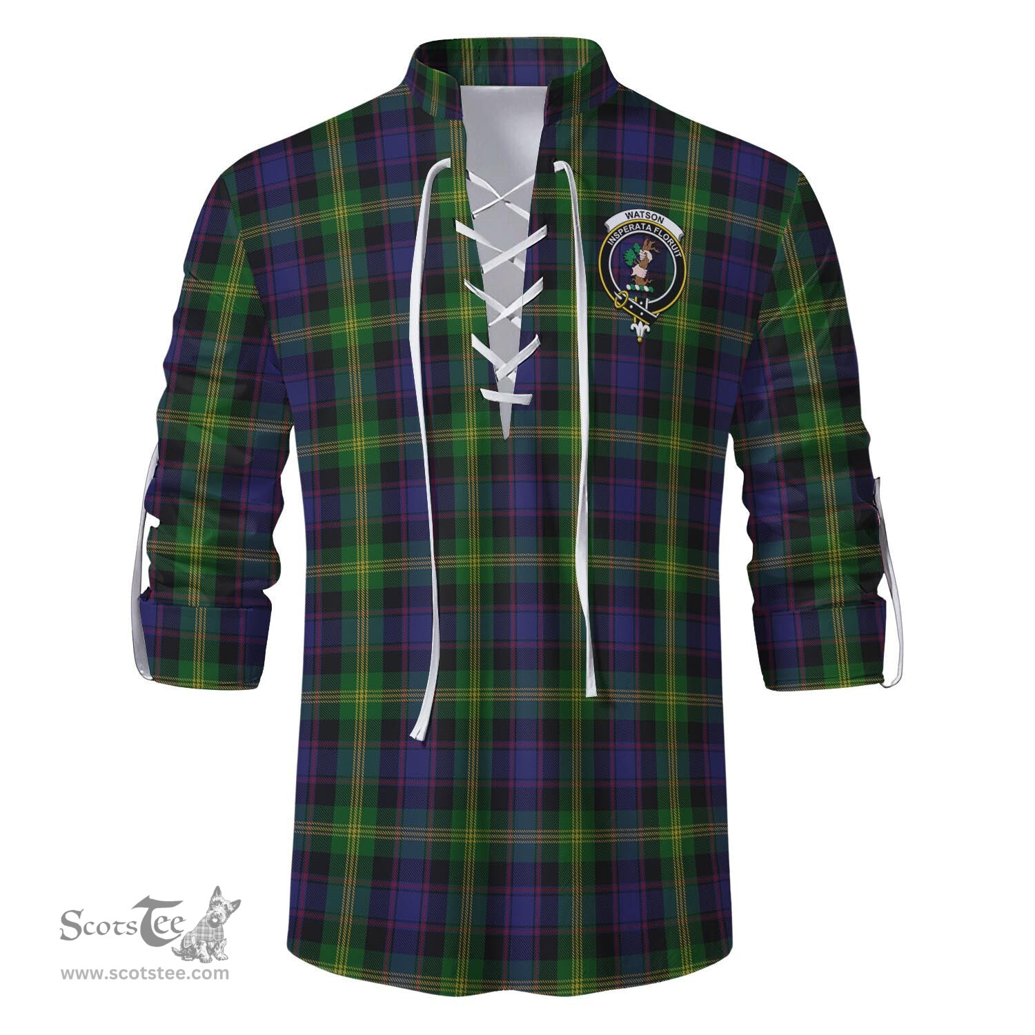 ScotsTee Shop Scottish Watson Clan Crest Tartan Mens Scottish Jacobite Ghillie Casual Shirt