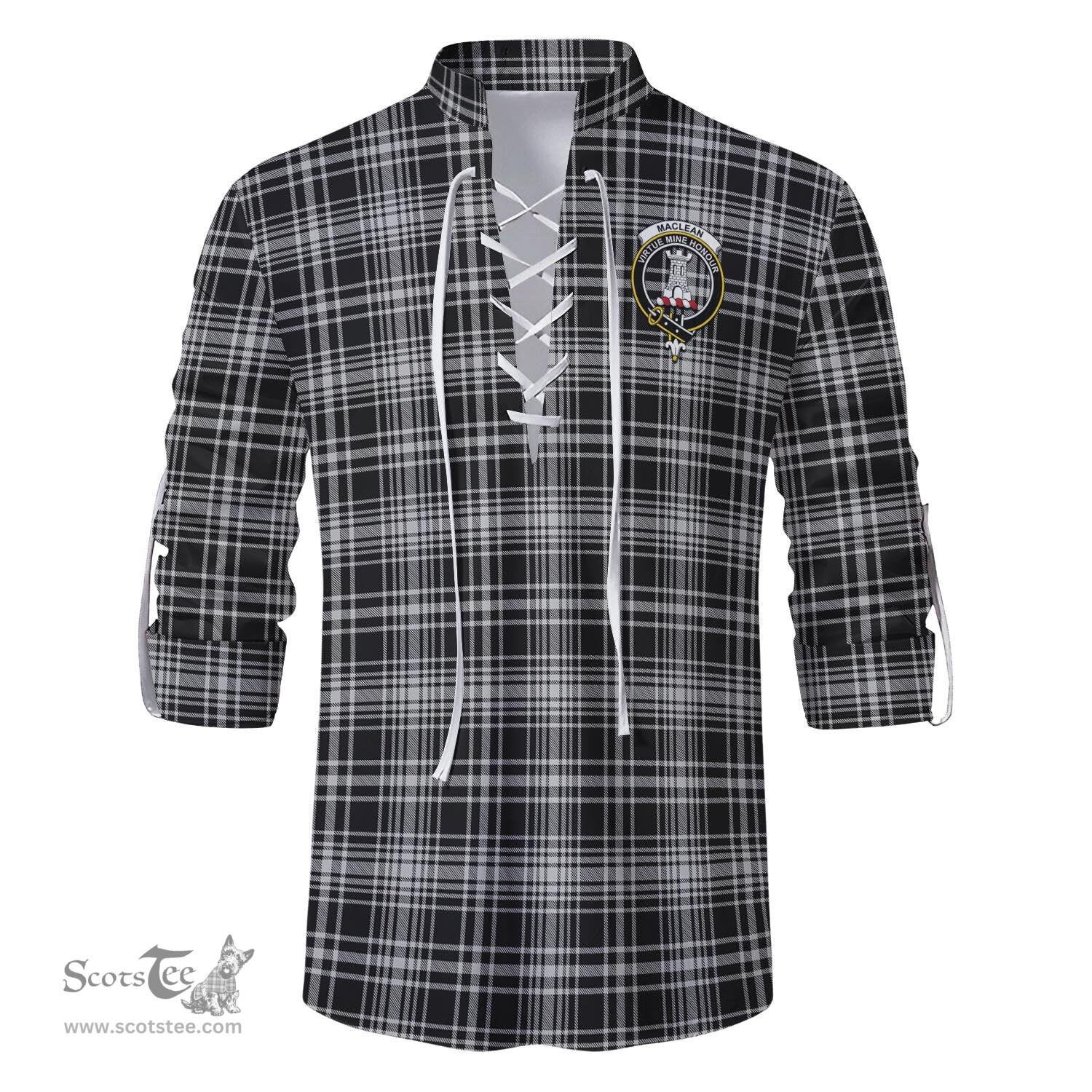 ScotsTee Shop Scottish MacLean Black and White Clan Crest Tartan Mens Scottish Jacobite Ghillie Casual Shirt