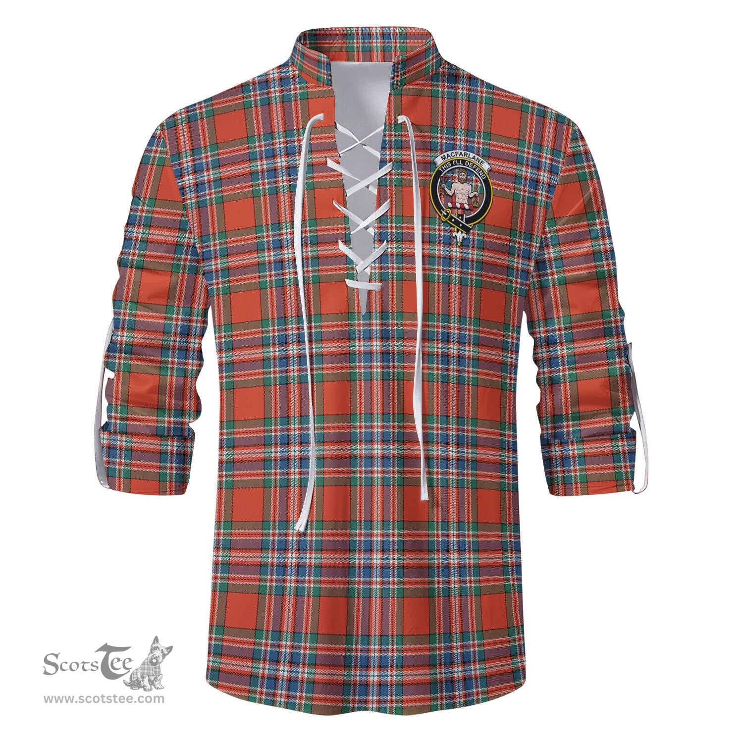 ScotsTee Shop Scottish MacFarlane Ancient Clan Crest Tartan Mens Scottish Jacobite Ghillie Casual Shirt