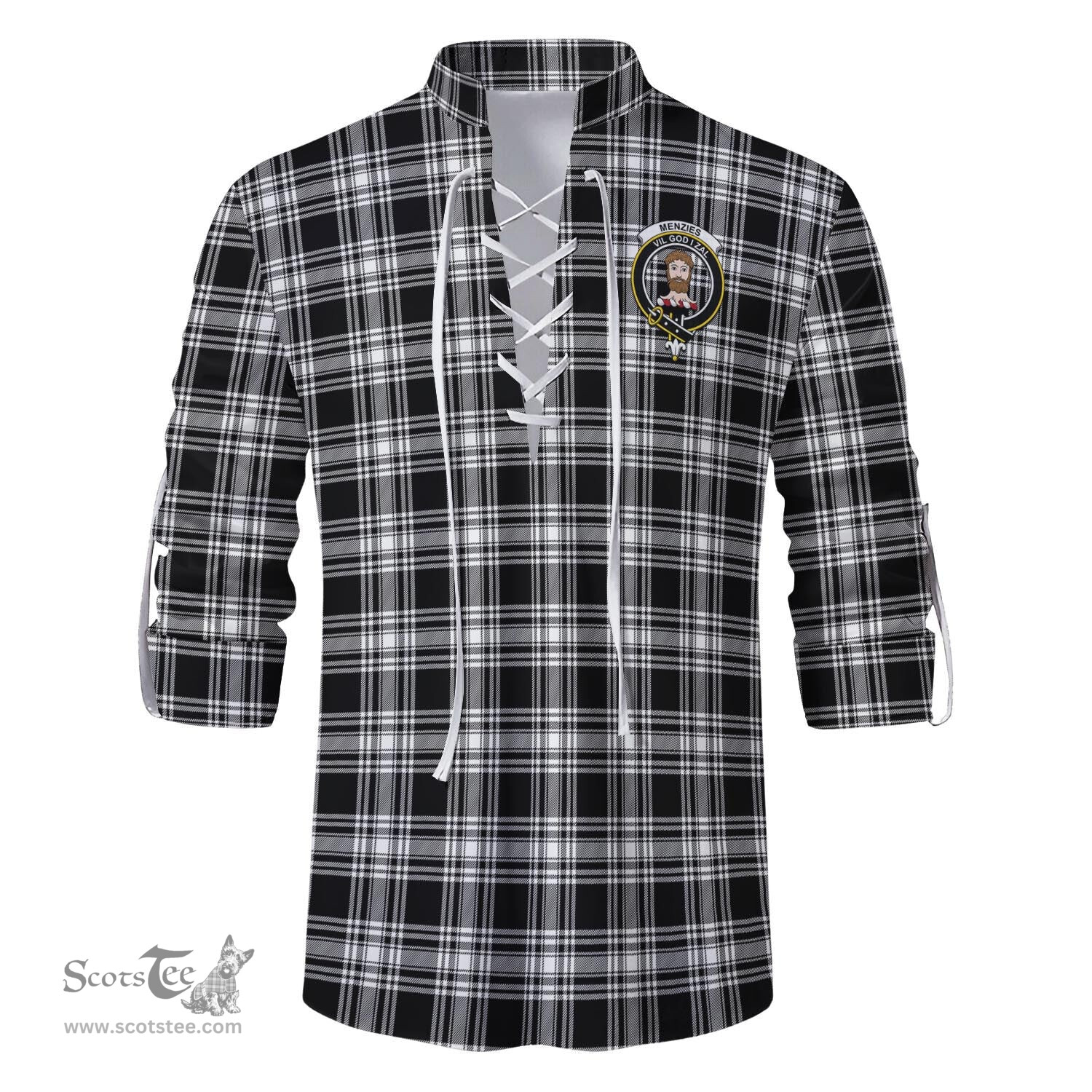 ScotsTee Shop Scottish Menzies Black and White Clan Crest Tartan Mens Scottish Jacobite Ghillie Casual Shirt