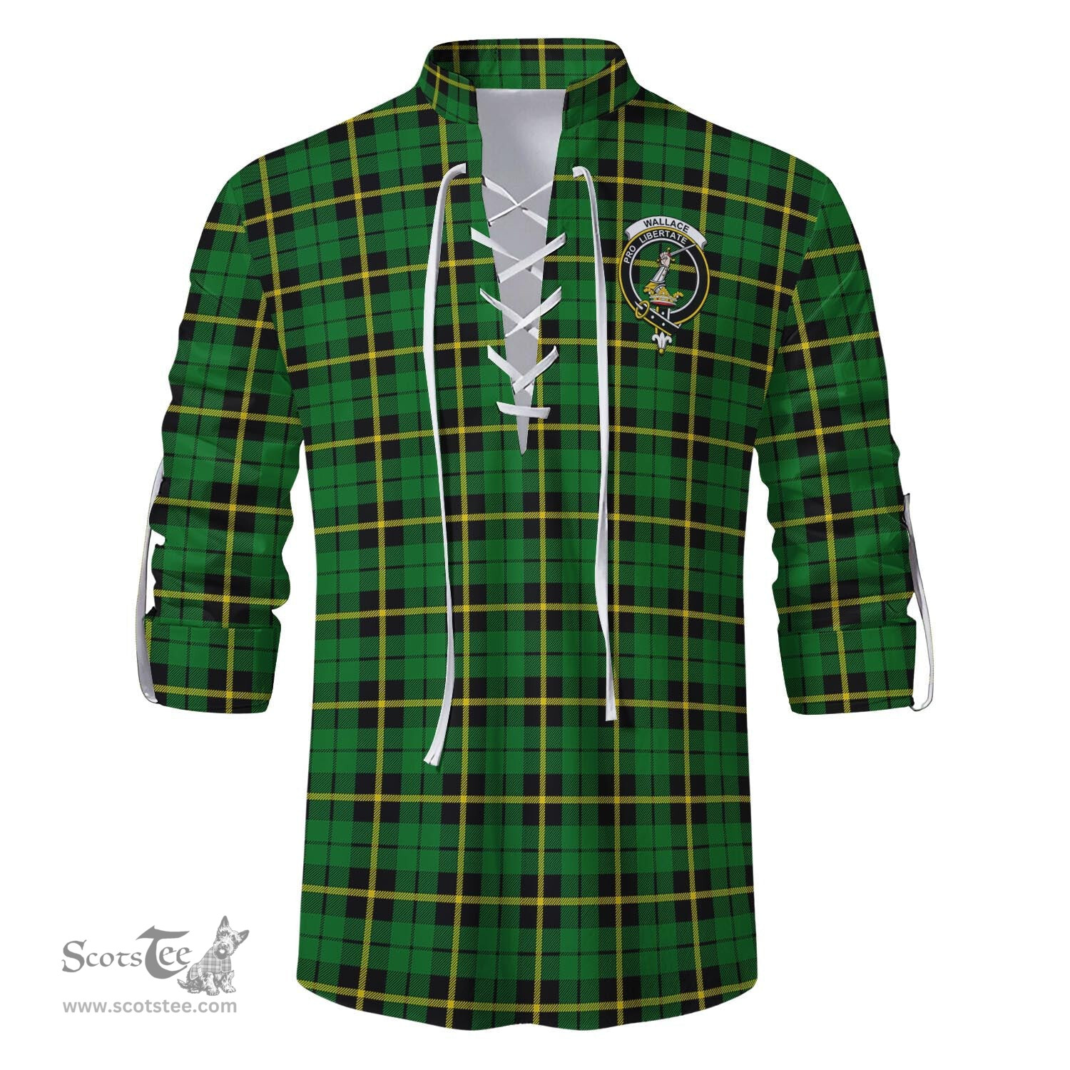 ScotsTee Shop Scottish Wallace Hunting Green Clan Crest Tartan Mens Scottish Jacobite Ghillie Casual Shirt