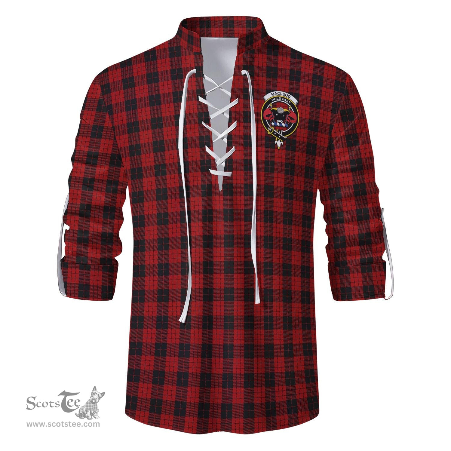 ScotsTee Shop Scottish MacLeod Black and Red Clan Crest Tartan Mens Scottish Jacobite Ghillie Casual Shirt