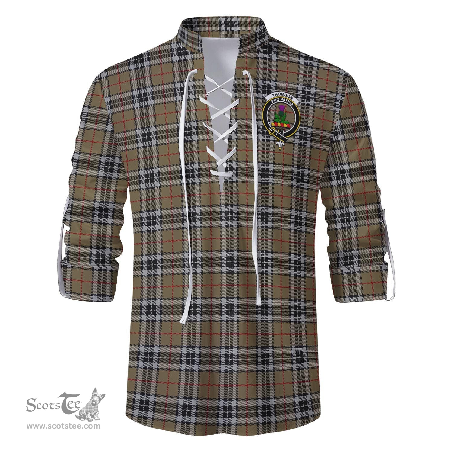 ScotsTee Shop Scottish Thomson Camel Clan Crest Tartan Mens Scottish Jacobite Ghillie Casual Shirt