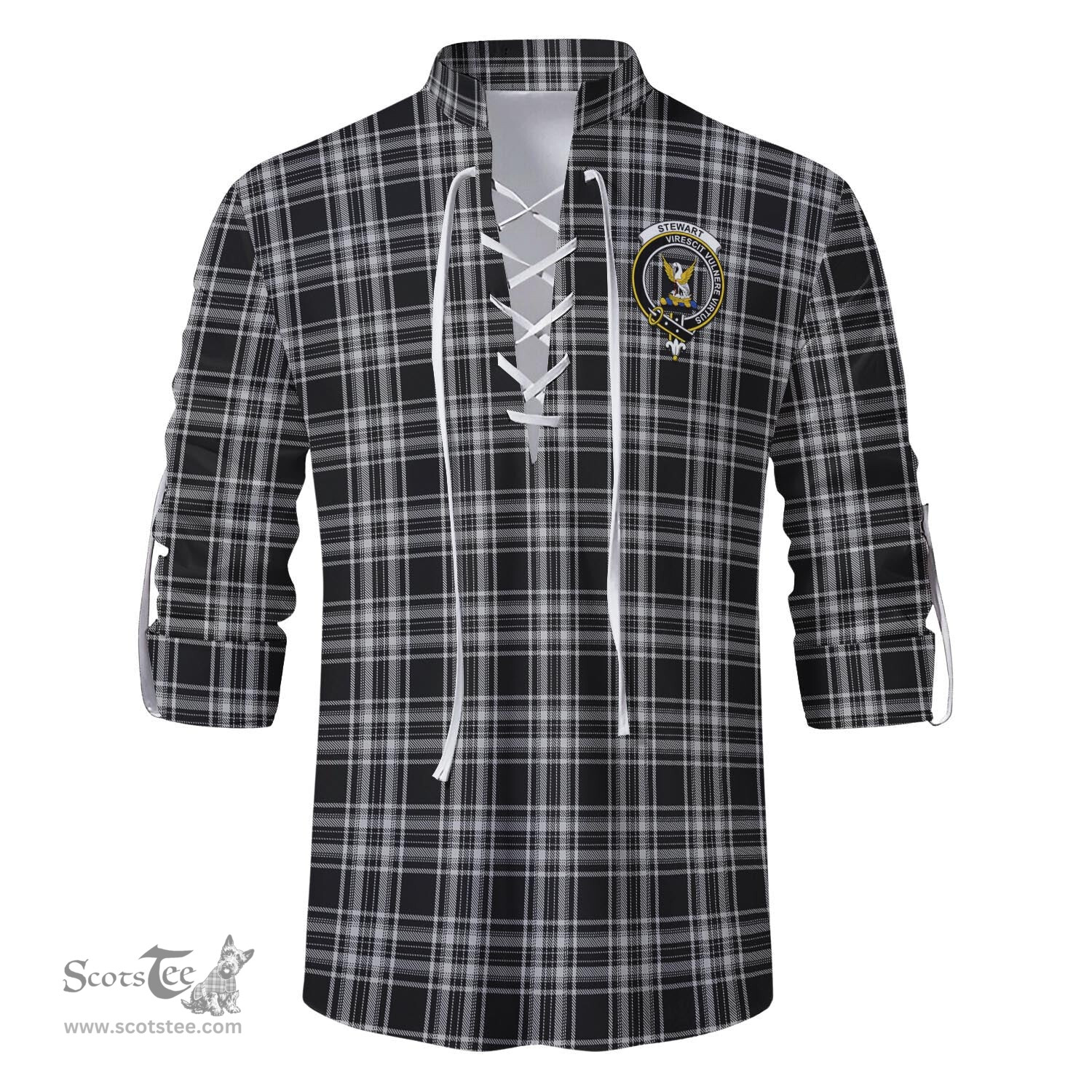 ScotsTee Shop Scottish Stewart Black and White Clan Crest Tartan Mens Scottish Jacobite Ghillie Casual Shirt