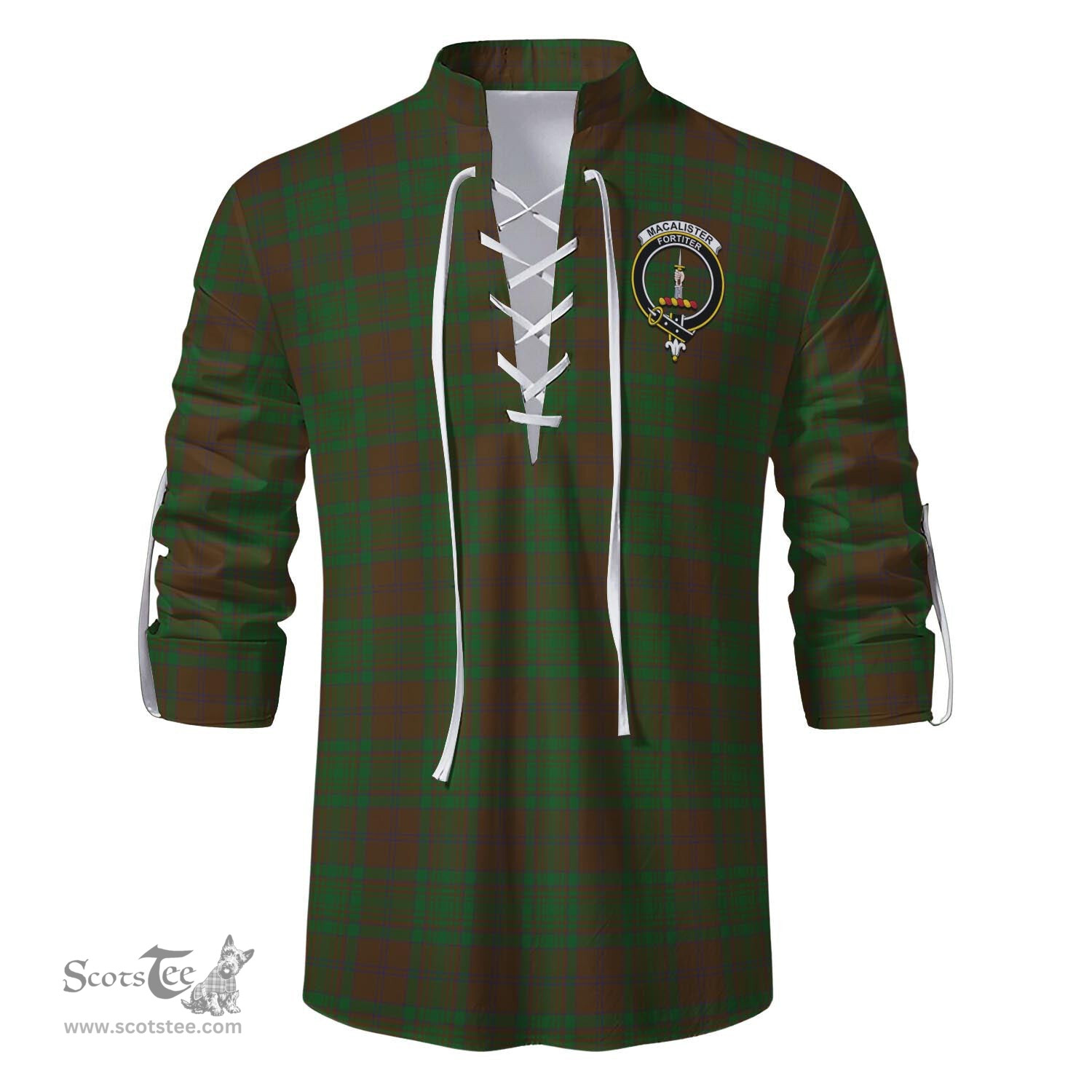 ScotsTee Shop Scottish MacAlister of Glenbarr Hunting Clan Crest Tartan Mens Scottish Jacobite Ghillie Casual Shirt
