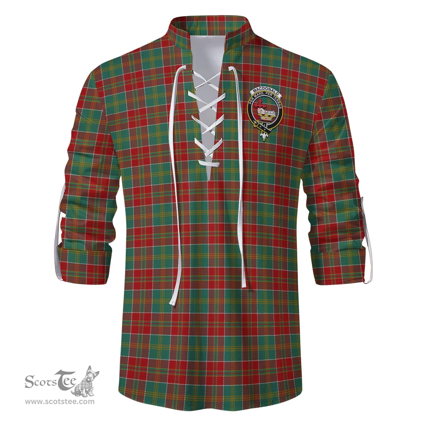 ScotsTee Shop Scottish MacDonald of Kingsburgh Clan Crest Tartan Mens Scottish Jacobite Ghillie Casual Shirt