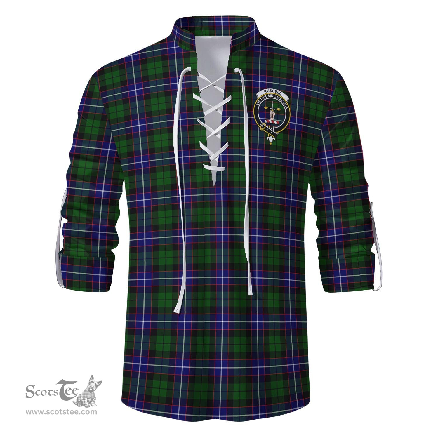 ScotsTee Shop Scottish Russell Modern Clan Crest Tartan Mens Scottish Jacobite Ghillie Casual Shirt