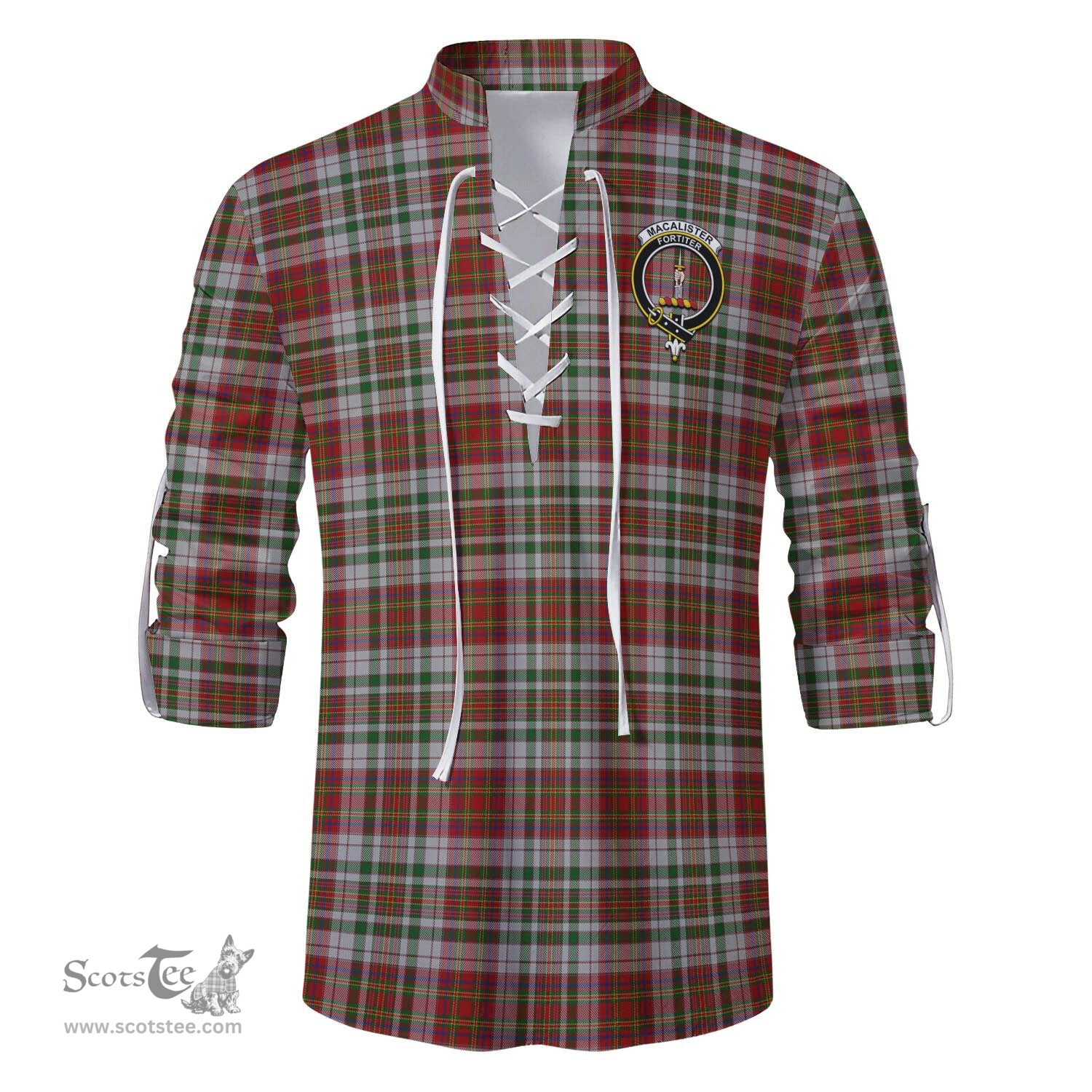 ScotsTee Shop Scottish MacAlister Dress Clan Crest Tartan Mens Scottish Jacobite Ghillie Casual Shirt